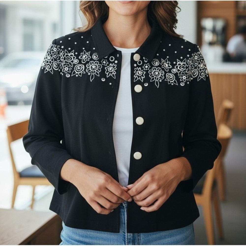 Bob Mackie Wearable Art Black Floral Embroidered Button Front Jacket‎ Womens L